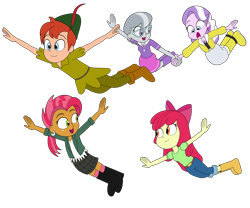 Size: 6000x5000 | Tagged: safe, artist:eagc7, apple bloom, babs seed, diamond tiara, silver spoon, equestria girls, g4, crossover, disney, equestria girls-ified, female, flying, holding hands, male, patreon, patreon reward, peter pan, scared, simple background, transparent background