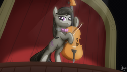 Size: 1920x1080 | Tagged: safe, artist:whitequartztheartist, octavia melody, earth pony, pony, g4, background pony, bow (instrument), cello, female, mare, musical instrument, solo, stage, theater