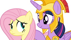 Size: 1024x574 | Tagged: safe, artist:shutterflyeqd, fluttershy, twilight sparkle, alicorn, pony, g4, scare master, armor, athena sparkle, clothes, costume, duo, female, mare, simple background, transparent background, twilight sparkle (alicorn), vector