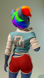 Size: 1080x1920 | Tagged: safe, artist:melvelvin, rainbow dash, anthro, unguligrade anthro, g4, 3d, ass, blender, butt, clothes, female, gym shorts, jacket, multicolored mane, no tail, rainbutt dash, shorts, side slit, solo, sweater, varsity jacket, wingless, wingless anthro