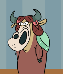 Size: 1096x1300 | Tagged: safe, artist:velgarn, yona, yak, g4, big nose, blursed image, bow, bowtie, cloven hooves, cow (character), cow and chicken, cursed image, female, funny, funny as hell, hair bow, parody, smiling, solo, style emulation, wat