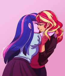 Size: 2700x3118 | Tagged: safe, artist:overlordneon, sunset shimmer, twilight sparkle, human, equestria girls, g4, clothes, duo, eyes closed, female, high res, jacket, kiss on the lips, kissing, lesbian, long skirt, pants, ship:sunsetsparkle, shipping, skirt