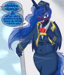 Size: 1761x2048 | Tagged: safe, artist:frist44, princess luna, alicorn, anthro, g4, aircraft, blushing, commission, constellation, dialogue, female, femdom, hat, mare, parachute, solo, stewardess, winking at you