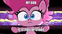 Size: 888x499 | Tagged: safe, edit, edited screencap, screencap, pinkie pie, earth pony, pony, g4.5, my little pony: pony life, the great collide, 2001: a space odyssey, caption, female, image macro, looking at you, mare, meme, quote, solo, text