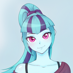 Size: 1351x1351 | Tagged: dead source, safe, artist:ravenirik, sonata dusk, equestria girls, g4, blue background, blushing, bust, clothes, cute, female, looking at you, off shoulder, simple background, solo, sonatabetes