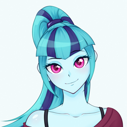 Size: 1351x1351 | Tagged: safe, alternate version, artist:ravenirik, sonata dusk, equestria girls, g4, blushing, bust, clothes, cute, female, looking at you, off shoulder, simple background, smiling, solo, sonatabetes, white background