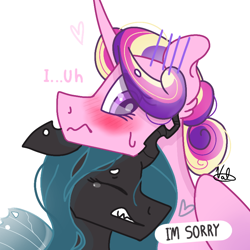 Size: 768x768 | Tagged: safe, artist:valkiria, derpibooru exclusive, princess cadance, queen chrysalis, alicorn, changeling, changeling queen, pony, g4, a better ending for chrysalis, apologetic, apology, blushing, crying, cute, cutealis, female, heart, horn, infidelity, lesbian, mare, ship:cadalis, shipping, simple background, speech bubble, talking, trepidation, wings