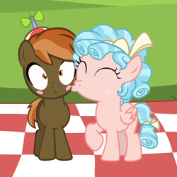 Size: 1209x1209 | Tagged: dead source, safe, edit, button mash, cozy glow, earth pony, pegasus, pony, g4, beanie, blush sticker, blushing, cheek kiss, colt, cozymash, cute, female, filly, foal, hat, kissing, male, picnic blanket, shipping, straight, this will end in tears