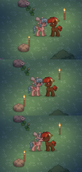 Size: 892x1852 | Tagged: safe, button mash, cozy glow, earth pony, pegasus, pony, pony town, g4, beanie, blushing, colt, cozymash, crushing, cute, duo, female, filly, foal, grass, hat, kissing, male, pixel art, shipping, straight, torch
