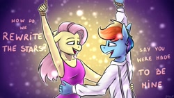 Size: 3840x2160 | Tagged: safe, artist:jellysketch, fluttershy, rainbow dash, anthro, g4, crossover, dancing, female, high res, lesbian, rewrite the stars, ship:flutterdash, shipping, simple background, singing, smiling, the greatest showman