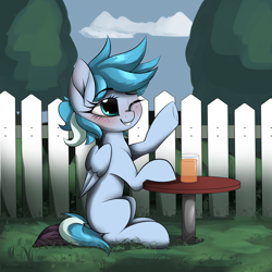 Size: 3333x3333 | Tagged: safe, artist:luxsimx, oc, oc only, oc:andrisyc tempest, pegasus, pony, blushing, cup, drink, female, fence, high res, mare, one eye closed, sitting, smiling, solo, underhoof, wink