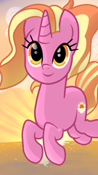 Size: 1080x1920 | Tagged: safe, artist:sallyso, luster dawn, pony, unicorn, g4, female, flying, mare, smiling, solo, sunset