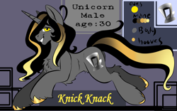 Size: 1920x1200 | Tagged: safe, artist:brainiac, derpibooru exclusive, oc, oc only, oc:knick knack, pony, unicorn, male, reference sheet, solo, stallion