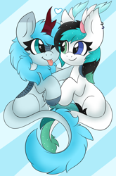 Size: 1974x2986 | Tagged: safe, artist:pegamutt, oc, oc:frost flare, oc:vixenin, kirin, :p, cloven hooves, cuddling, cute, heart, hoof fluff, horn, kirin oc, looking at each other, multiple horns, one eye closed, simple background, tongue out