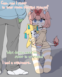 Size: 2000x2500 | Tagged: safe, artist:stablegrass, oc, oc:anon, oc:iwa, cow, cow pony, human, jirachi, semi-anthro, arm hooves, bipedal, bow, clothes, crying, female, hair bow, hand in pocket, high res, horns, mare, panties, pants, plushie, pokémon, simple background, socks, striped socks, striped underwear, sweater, tail bow, teary eyes, text, thigh highs, underwear