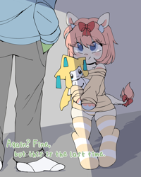 Size: 2000x2500 | Tagged: safe, artist:stablegrass, oc, oc:anon, oc:iwa, cow, cow pony, human, jirachi, semi-anthro, arm hooves, bipedal, bow, clothes, crying, female, hair bow, hand in pocket, high res, horn, mare, panties, pants, plushie, pokémon, simple background, socks, standing, striped socks, striped underwear, sweater, tail bow, teary eyes, text, thigh highs, underwear