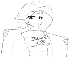 Size: 1876x1478 | Tagged: safe, artist:zelc-face, derpibooru exclusive, sunset shimmer, human, equestria girls, g4, clothes, jacket, monochrome, self deprecation, shirt, text, tongue out