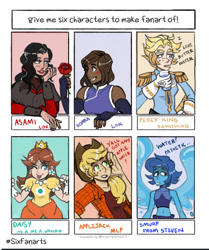 Size: 817x978 | Tagged: safe, artist:immediocregoodbye, applejack, gem (race), human, g4, :p, apple daisy, applejack's hat, artificial wings, asami sato, augmented, blushing, bust, clothes, cowboy hat, crossover, dark skin, ear piercing, earring, epithet erased, eyeshadow, female, fingerless gloves, flannel, flower, glass, gloves, hat, humanized, hydrokinesis, jewelry, kiss mark, korra, korrasami, lapis lazuli (steven universe), lesbian, lipstick, magic, magic wings, makeup, nickname, non-mlp shipping, one eye closed, percival king, piercing, princess daisy, rose, shipping, six fanarts, steven universe, super mario bros., tank top, the legend of korra, tongue out, water, wings, wink