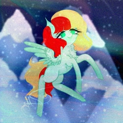 Size: 800x800 | Tagged: safe, artist:nel_liddell, oc, oc only, pegasus, pony, aurora borealis, chest fluff, eyelashes, flying, mountain, night, outdoors, pegasus oc, signature, snow, solo, wings