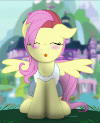 Size: 800x981 | Tagged: safe, artist:bastbrushie, fluttershy, pegasus, pony, g4, 90s grunge fluttershy, :p, animated, bastbrushie is trying to kill us, blushing, chest fluff, clothes, cute, daaaaaaaaaaaw, eyes closed, female, fluffy, front view, full face view, gameloft interpretation, gif, grass, ground, happy, hat, jeans, mare, pants, school, shirt, shyabetes, silly, silly pony, sitting, solo, tail, text, tongue out, weapons-grade cute, wings