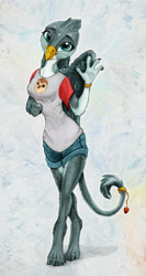 Size: 1929x3639 | Tagged: safe, artist:joestick, derpibooru exclusive, editor:vedont, gabby, griffon, anthro, digitigrade anthro, g4, abstract background, bracelet, clothes, female, hooty, jewelry, looking at you, ring, shirt, shorts, solo, tail, tail ring, the owl house, waving