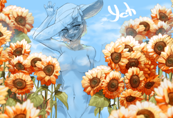 Size: 2280x1560 | Tagged: safe, artist:mashiro, oc, oc only, anthro, commission, flower, solo, sunflower, your character here