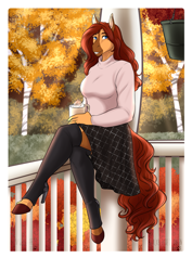 Size: 2865x4051 | Tagged: safe, artist:blackblood-queen, oc, oc only, oc:honeypot meadow, earth pony, anthro, unguligrade anthro, anthro oc, autumn, beauty mark, blouse, clothes, coffee, commission, crossed legs, digital art, earth pony oc, female, food, high heels, hoof boots, hoof shoes, jewelry, mare, porch, ring, sitting, smiling, solo, sweater, tree, wedding ring, whipped cream