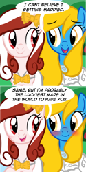 Size: 556x1112 | Tagged: safe, artist:marytheechidna, oc, oc:internet explorer, oc:opera, earth pony, pony, ask internet explorer, browser ponies, clothes, dress, everything went better than expected, female, good end, internet explorer, love, mare, marriage, wedding, wedding dress