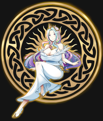 Size: 2729x3213 | Tagged: safe, artist:0ryomamikado0, princess celestia, human, g4, anime, big breasts, breasts, busty princess celestia, celtic knot, cleavage, clothes, dress, female, gray background, high res, huge breasts, humanized, knotwork, off shoulder, praise the sun, simple background, solo