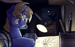 Size: 4000x2500 | Tagged: safe, artist:toanderic, oc, oc only, oc:skydreams, pony, unicorn, artificial wings, augmented, blueprint, coffee mug, engineer, female, fillydelphia, horn, lamp, magic, magnifying glass, mare, mug, pencil, poster, room, royal equestrian skyguard, steam, table, telekinesis, unicorn oc, wings