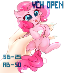 Size: 671x718 | Tagged: safe, artist:haokan, pinkie pie, earth pony, human, pony, g4, :3, :p, blushing, cute, diapinkes, dock, ear fluff, female, hand, holding a pony, in goliath's palm, micro, offscreen character, offscreen human, solo, tongue out, ych example, ych sketch, your character here