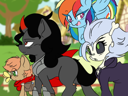 Size: 2048x1536 | Tagged: safe, artist:steelsoul, king sombra, rainbow dash, skellinore, oc, oc:himmel, butterfly, g4, the break up breakdown, armor, bag, clothes, curved horn, horn, robe, saddle bag, scarf