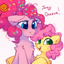 Size: 1700x1700 | Tagged: safe, artist:mirtash, li'l cheese, pinkie pie, earth pony, pony, g4, the last problem, blushing, cute, diapinkes, duo, duo female, female, filly, freckles, heart eyes, li'l cuteese, mare, mother and child, older, older pinkie pie, open mouth, smiling, wingding eyes