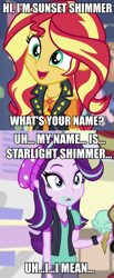 Size: 525x1272 | Tagged: safe, screencap, starlight glimmer, sunset shimmer, equestria girls, equestria girls specials, g4, my little pony equestria girls: better together, my little pony equestria girls: mirror magic, my little pony equestria girls: rollercoaster of friendship, caption, female, food, geode of empathy, ice cream, image macro, lesbian, magical geodes, ship:shimmerglimmer, shipping, text