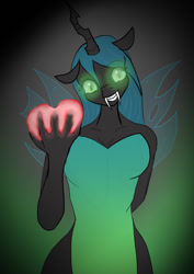 Size: 595x842 | Tagged: safe, artist:afhybrid, queen chrysalis, changeling, changeling queen, anthro, breasts, busty queen chrysalis, clothes, creepy, dress, fangs, female, glowing eyes, heart, looking at you, simple background, smiling