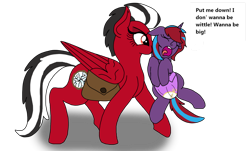 Size: 1280x772 | Tagged: safe, artist:small-brooke1998, oc, oc only, oc:charming dazz, pegasus, pony, unicorn, age regression, bag, diaper, eyes closed, mouth hold, open mouth, ponified, saddle bag, scruff, shatter (transformers), simple background, transformers, transparent background, whining