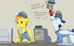 Size: 1600x1000 | Tagged: safe, artist:sinrar, soarin', spitfire, pegasus, pony, balancing, cash register, cashier, clothes, dialogue, duo, fast food, female, food, hat, ketchup, male, mare, mustard, ponies balancing stuff on their nose, restaurant, sauce, shirt, stallion, this will end in janitor duty, uniform