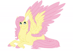 Size: 2000x1510 | Tagged: safe, artist:omegapengwen, fluttershy, pegasus, pony, g4, colored hooves, colored wings, colored wingtips, cute, cute little fangs, fangs, female, lying down, mare, prone, redesign, simple background, smiling, solo, unshorn fetlocks, white background