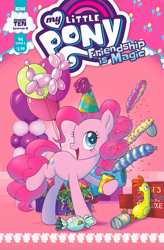 Size: 487x741 | Tagged: safe, artist:pencils, idw, boneless, pinkie pie, earth pony, pony, g4, season 10, spoiler:comic94, balloon, cover, female, graveyard of comments, hat, mare, party hat, pinkie being pinkie, rubber chicken