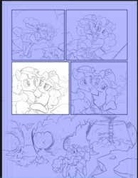 Size: 870x1120 | Tagged: safe, artist:pencils, idw, cheese sandwich, pinkie pie, earth pony, pony, g4, season 10, spoiler:comic, spoiler:comic94, blushing, butt, cave, comic, female, male, mare, plot, sketch, stallion