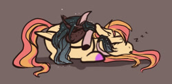 Size: 448x221 | Tagged: safe, artist:rxsiex3, oc, oc only, oc:carrot spring, pony, duo, lying down, lying on top of someone, onomatopoeia, sound effects, zzz