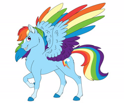 Size: 2100x1750 | Tagged: safe, artist:omegapengwen, rainbow dash, pegasus, pony, g4, coat markings, colored hooves, colored wings, colored wingtips, facial markings, female, grin, mare, multicolored wings, redesign, simple background, smiling, smirk, socks (coat markings), solo, spread wings, star (coat marking), white background, wings