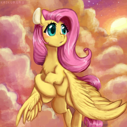 Size: 3000x3000 | Tagged: safe, artist:kaikururu, fluttershy, pegasus, pony, g4, :o, chest fluff, cloud, crossed hooves, cute, female, flying, high res, looking away, mare, open mouth, shyabetes, signature, sky, solo, spread wings, sunset, turned head, wings, wings down