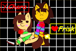 Size: 1094x740 | Tagged: safe, artist:buttercupbella5182, earth pony, pony, chara, clothes, duo, frisk, heart, knife, lying down, male, ponified, prone, smiling, stallion, undertale