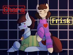 Size: 2900x2200 | Tagged: safe, artist:buttercupbella5182, earth pony, pony, chara, clothes, duo, frisk, heart, high res, lying down, male, ponified, prone, smiling, stallion, undertale