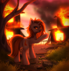 Size: 2317x2400 | Tagged: safe, artist:avrameow, oc, oc only, oc:aurora shinespark, pony, unicorn, ear piercing, earring, female, fire, high res, jewelry, looking at you, mare, no source available, on fire, piercing, pointing, solo, sunset