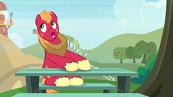 Size: 1920x1080 | Tagged: safe, screencap, big macintosh, earth pony, pony, g4, the big mac question, bench, male, open mouth, solo, stallion