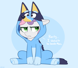 Size: 1600x1400 | Tagged: safe, artist:higglytownhero, sweetie belle, pony, unicorn, g4, animal costume, blue background, bluey, bluey heeler, clothes, cosplay, costume, crossover, cute, diasweetes, dog costume, female, filly, foal, footed sleeper, footie pajamas, implied rarity, kigurumi, onesie, pajamas, simple background, sitting, solo, sweetie belle is not amused, unamused