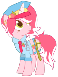 Size: 1895x2506 | Tagged: safe, artist:mint-light, artist:rukemon, oc, oc only, oc:officer sweet strawberry, pony, unicorn, badge, base used, baton, clothes, commission, cuffs, ear piercing, earring, eyeshadow, female, food, freckles, hat, jewelry, makeup, mare, markings, necktie, piercing, police, police hat, police officer, police uniform, sbelt, shirt, simple background, solo, strawberry, transparent background