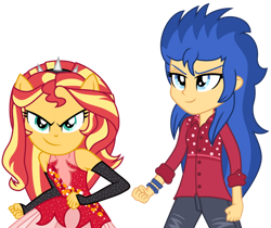 Size: 1024x861 | Tagged: safe, artist:cloudy glow, artist:emeraldblast63, flash sentry, sunset shimmer, cheer you on, equestria girls, g4, my little pony equestria girls: better together, clothes swap, duo, duo female, female, flare warden, ponied up, rule 63, simple background, sleeveless, super ponied up, transparent background